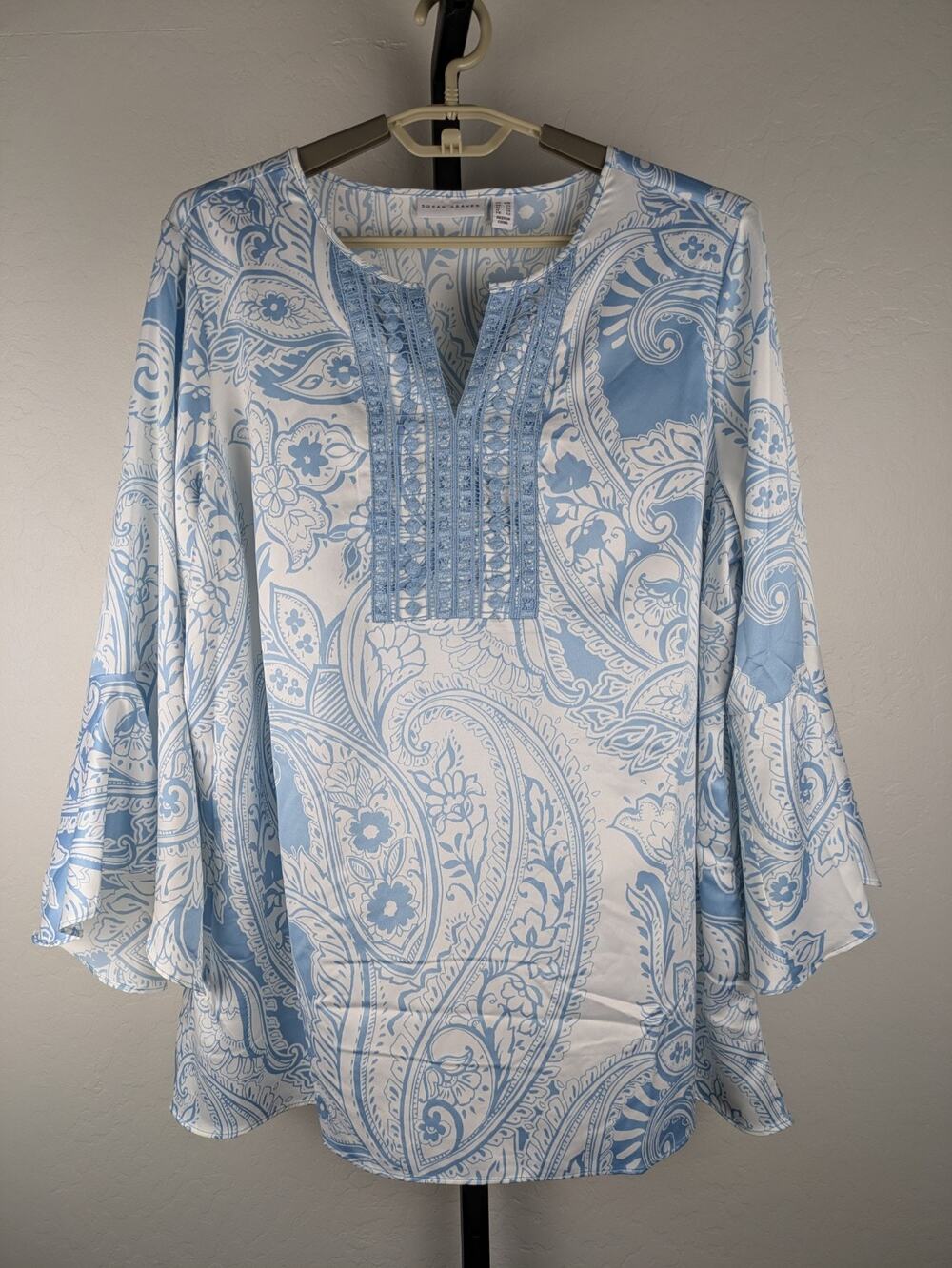 Susan Graver Tunic Top Blue Paisley Print Blouse Bell Sleeves Silky Satin